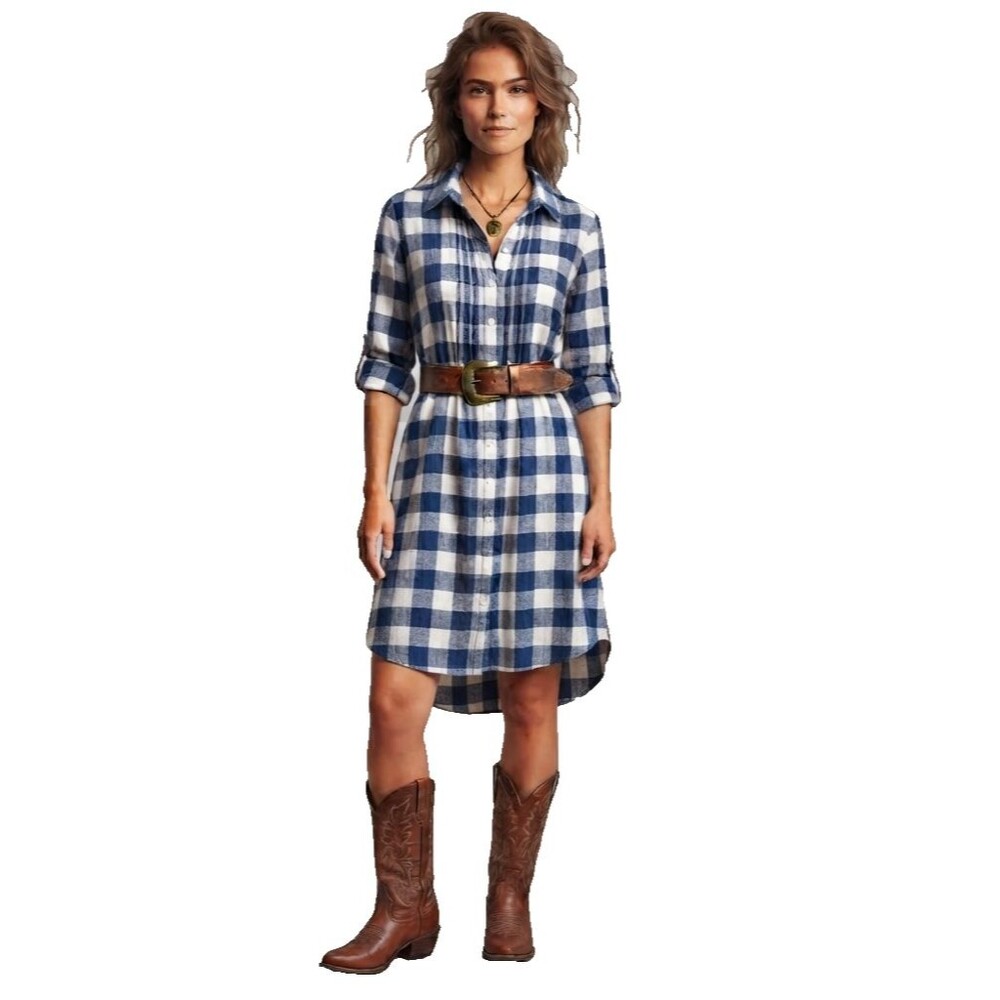 Oddy Blue Buffalo Check Plaid Shirt Dress Rolled Tab Sleeve High Low Cotton